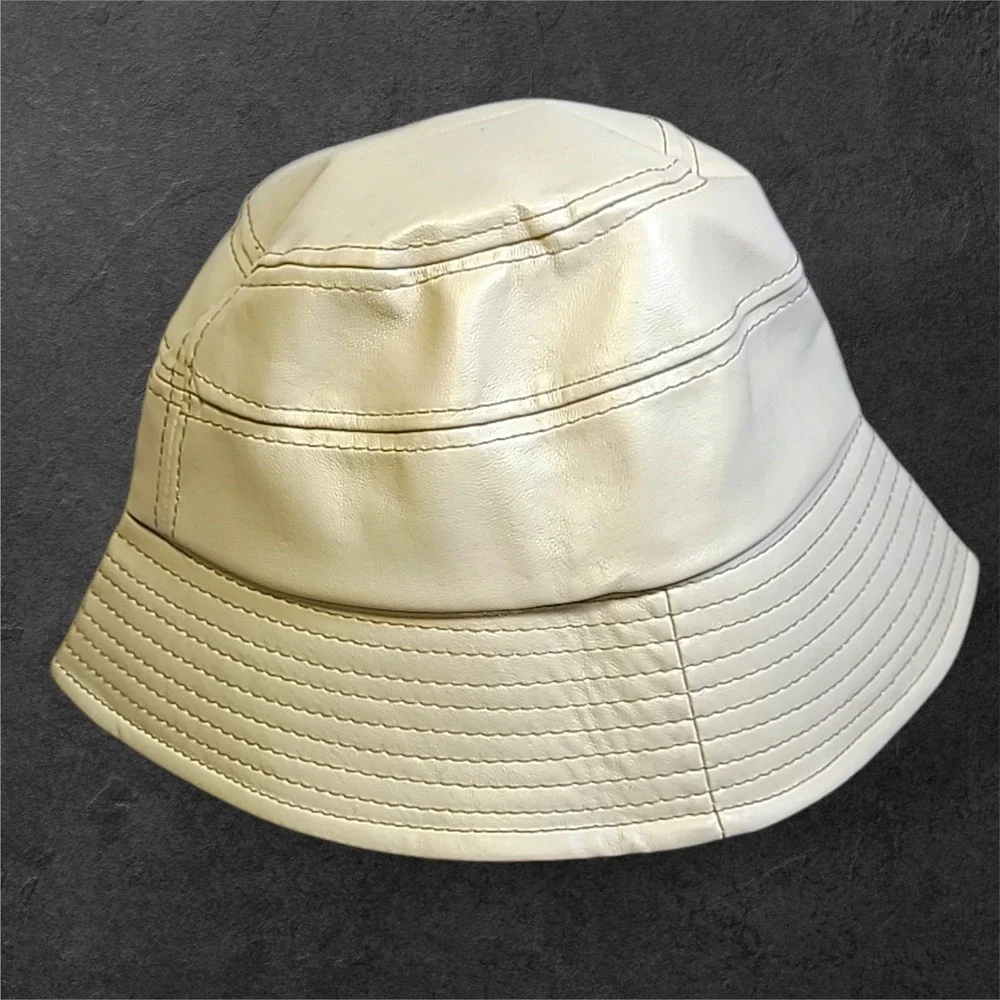 Beige Faux Leather Bucket Hat Wide Brim Stitched
